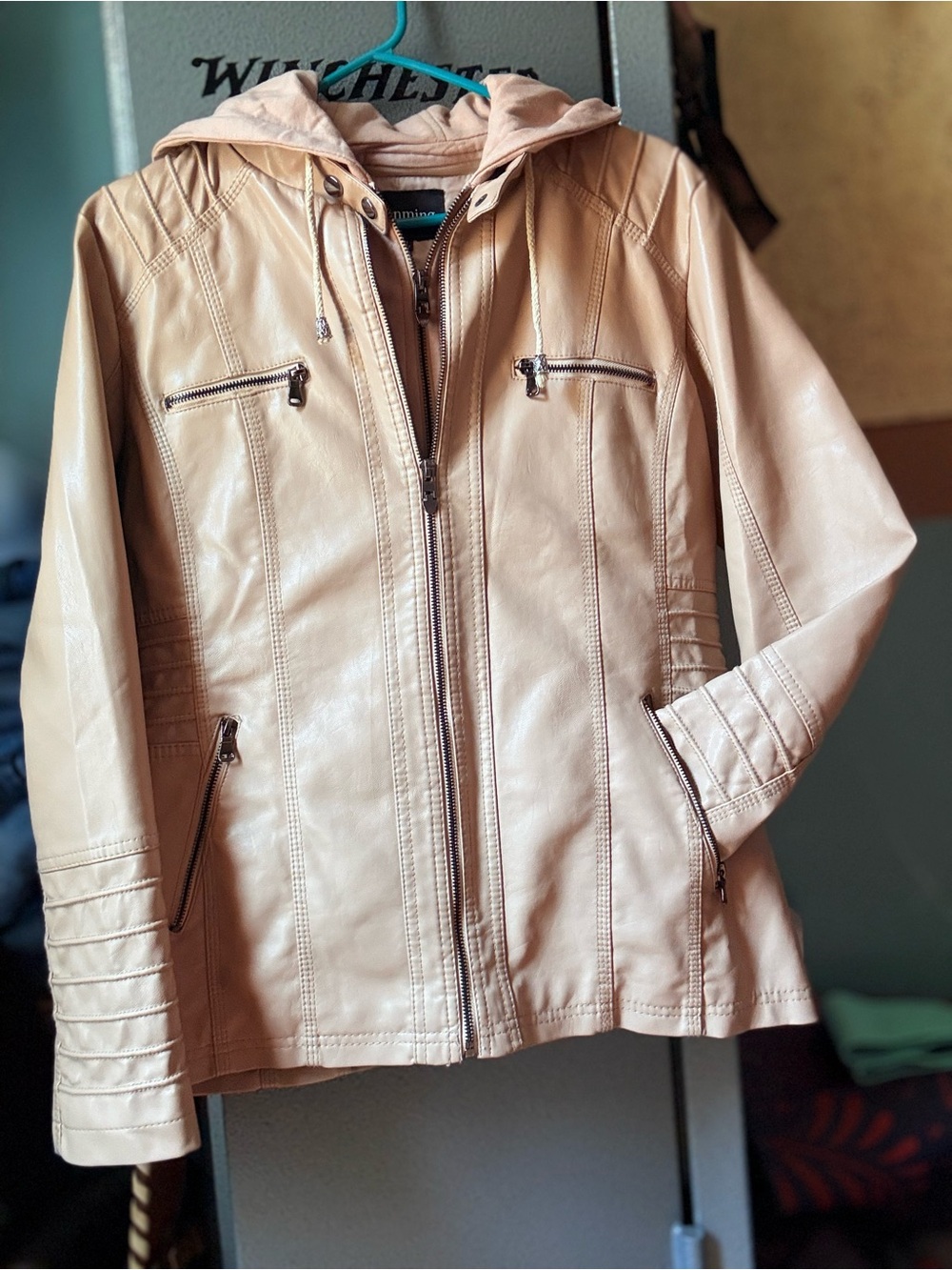 Women's Cream Faux Leather Hooded Jacket with Zip Pockets